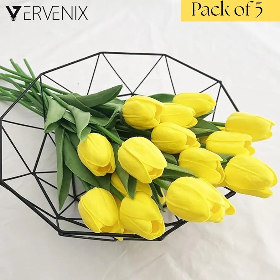 VERVENIX 5 Pcs Artificial Tulip Lily Flowers for Vase – Home Décor, Living Room, Bedroom, Party & Wedding Decoration Items Daisy Yellow, Fabric, Vase Not Included)